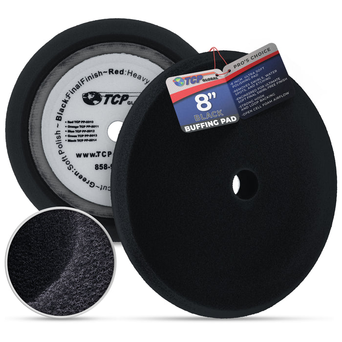 8" Black Foam Buffing Pad Extra Fine Finishing Polish Hook and Loop Backing - Buffing Pad for Automotive, Marine, Truck, RV & Compound Cutting