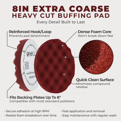 8" Red Waffle Foam Buffing Pad Hook and Loop Backing - Extra Coarse Buffing Pad for Polishing, Automotive, Marine, Truck, RV & Compound Cutting, Car