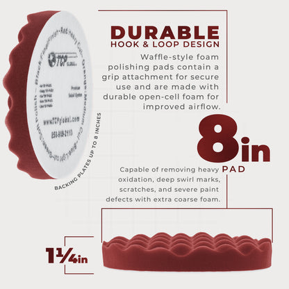 8" Red Waffle Foam Buffing Pad Hook and Loop Backing - Extra Coarse Buffing Pad for Polishing, Automotive, Marine, Truck, RV & Compound Cutting, Car