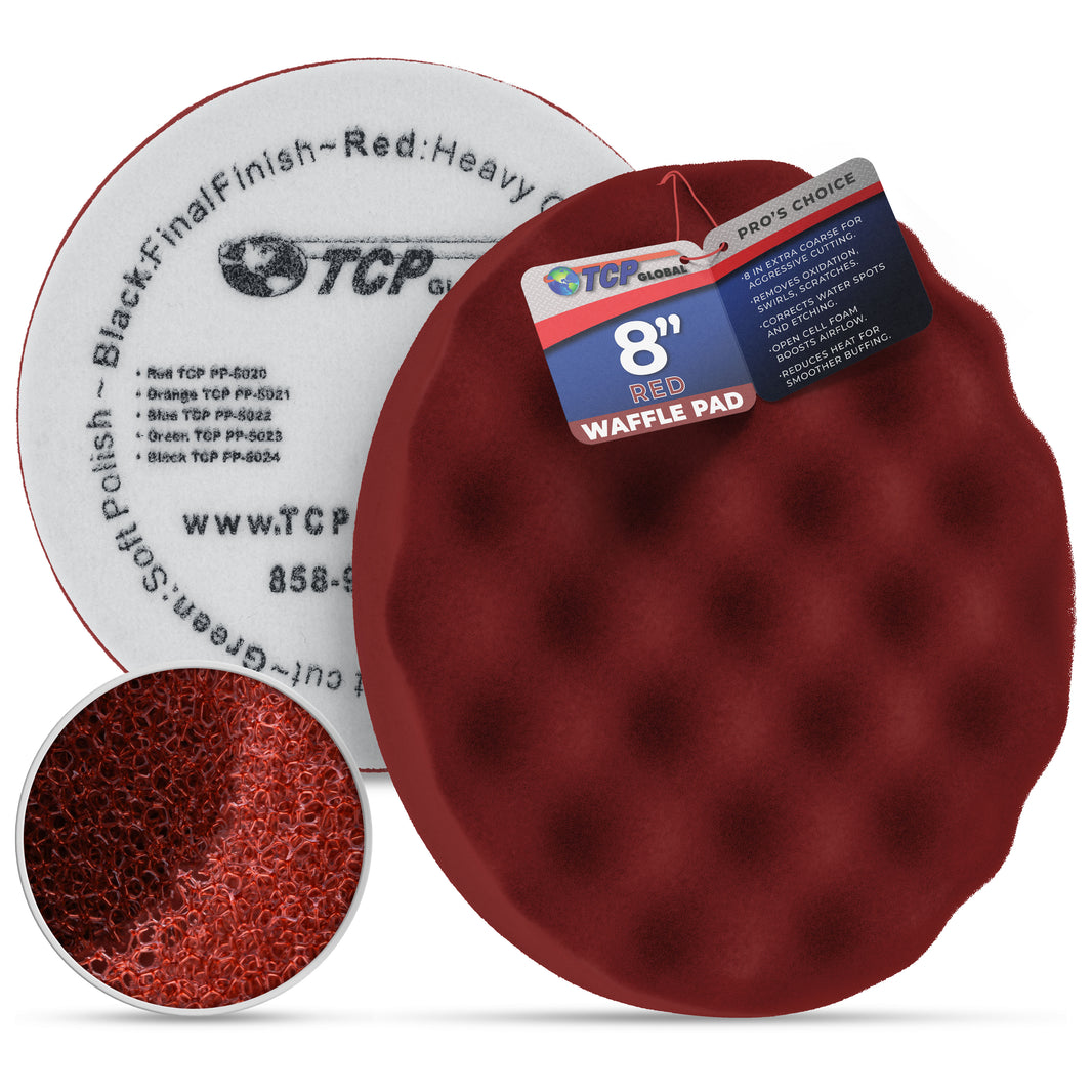 8" Red Waffle Foam Buffing Pad Hook and Loop Backing - Extra Coarse Buffing Pad for Polishing, Automotive, Marine, Truck, RV & Compound Cutting, Car