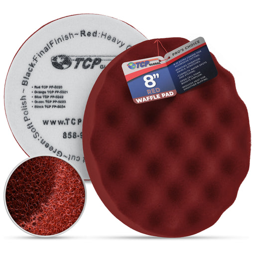 8" Red Waffle Foam Buffing Pad Hook and Loop Backing - Extra Coarse Buffing Pad for Polishing, Automotive, Marine, Truck, RV & Compound Cutting, Car Polishing Pads