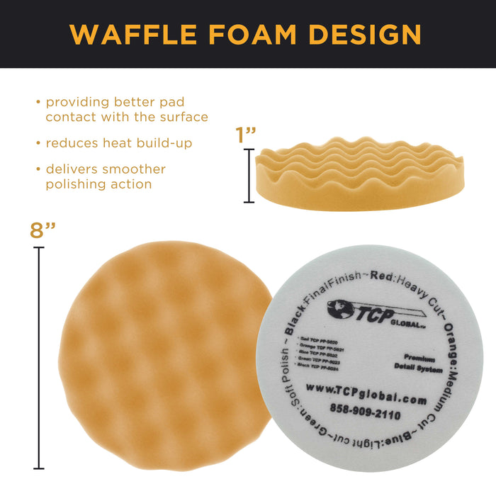 8" Orange Waffle Foam Buff Grip Pad Coarse Cutting Polish - Standard Grade Cutting Pad