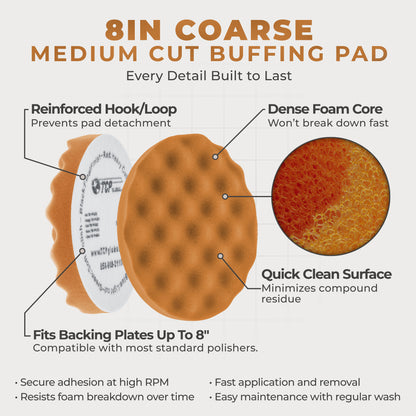 8" Orange Waffle Foam Buffing Pad Hook and Loop Backing - Coarse Buffing Pad for Polishing, Automotive, Marine, Truck, RV & Compound Cutting, Car