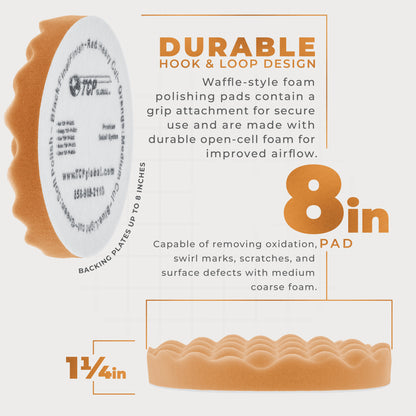 8" Orange Waffle Foam Buffing Pad Hook and Loop Backing - Coarse Buffing Pad for Polishing, Automotive, Marine, Truck, RV & Compound Cutting, Car