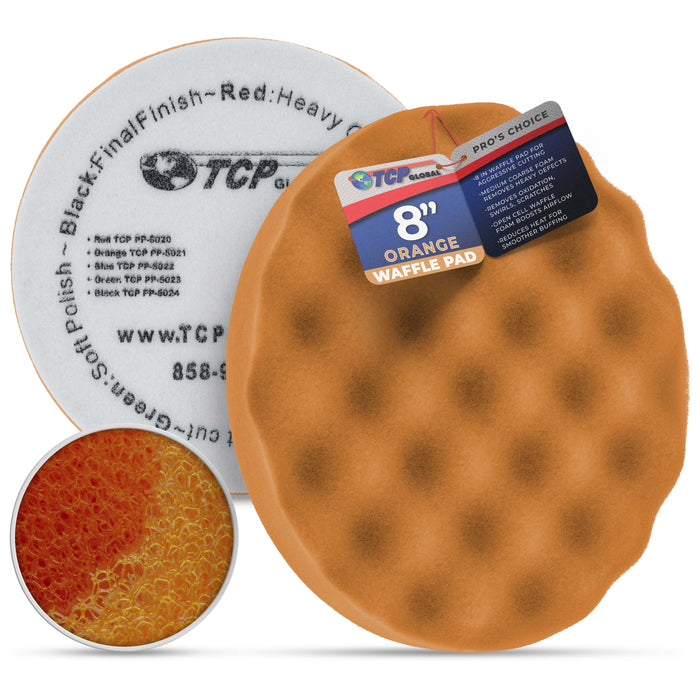 8" Orange Waffle Foam Buffing Pad Hook and Loop Backing - Coarse Buffing Pad for Polishing, Automotive, Marine, Truck, RV & Compound Cutting, Car Polishing Pads