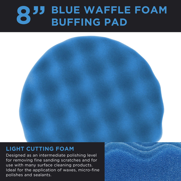 8" Blue Waffle Medium Foam Grip Pad Light Cut Polish Buff - Hook & Loop
