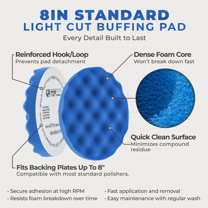 8" Blue Waffle Foam Buffing Pad Hook and Loop Backing - Light Cut Pad for Polishing, Automotive, Marine, Truck, RV & Compound Cutting, Car Polishing
