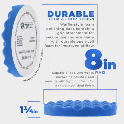 8" Blue Waffle Foam Buffing Pad Hook and Loop Backing - Light Cut Pad for Polishing, Automotive, Marine, Truck, RV & Compound Cutting, Car Polishing