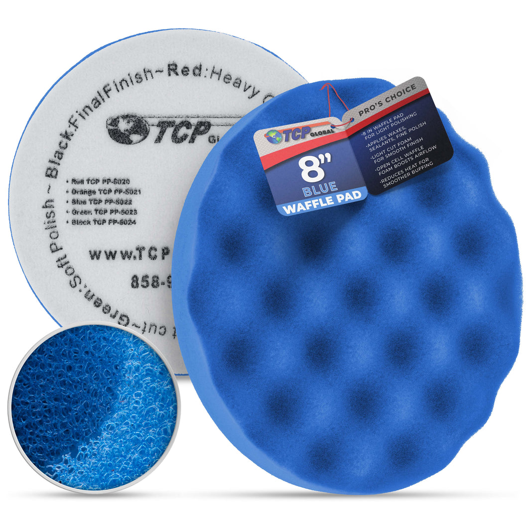 8" Blue Waffle Foam Buffing Pad Hook and Loop Backing - Light Cut Pad for Polishing, Automotive, Marine, Truck, RV & Compound Cutting, Car Polishing