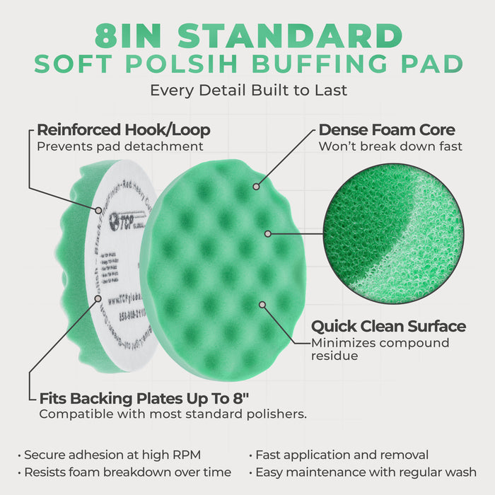 8" Green Waffle Foam Buffing Pad Hook and Loop Backing - Final Cut Pad for Polishing, Automotive, Marine, Truck, RV & Compound Cutting, Car Polishing Pads