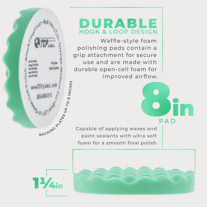 8" Green Waffle Foam Buffing Pad Hook and Loop Backing - Final Cut Pad for Polishing, Automotive, Marine, Truck, RV & Compound Cutting, Car Polishing Pads
