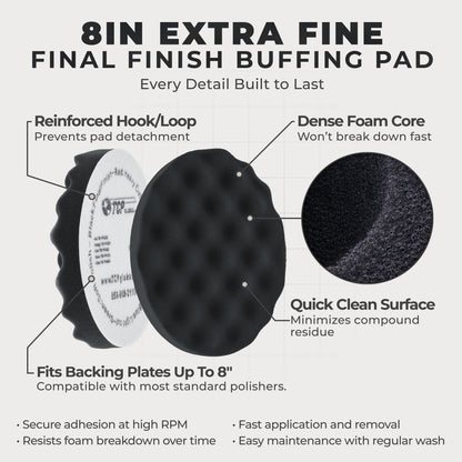 8" Black Waffle Foam Buffing Pad Hook and Loop Backing - Extra Fine Pad for Polishing, Automotive, Marine, Truck, RV & Compound Cutting, Car