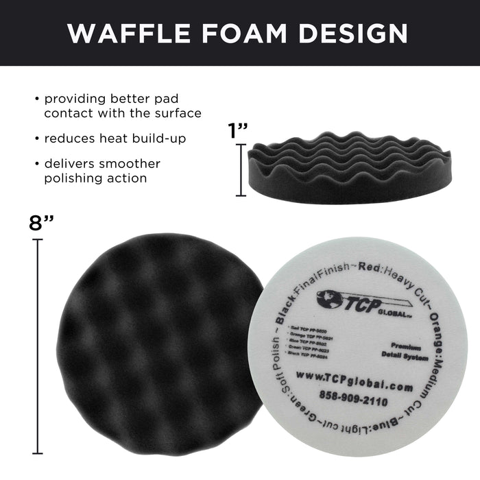 8" Black Waffle Extra Fine Foam Finishing Grip Pad Final Buff Polish Wax - Hook & Loop