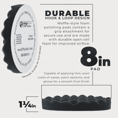 8" Black Waffle Foam Buffing Pad Hook and Loop Backing - Extra Fine Pad for Polishing, Automotive, Marine, Truck, RV & Compound Cutting, Car