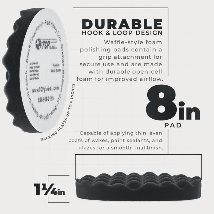 8" Black Waffle Foam Buffing Pad Hook and Loop Backing - Extra Fine Pad for Polishing, Automotive, Marine, Truck, RV & Compound Cutting, Car Polishing Pads