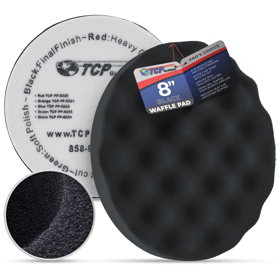8" Black Waffle Foam Buffing Pad Hook and Loop Backing - Extra Fine Pad for Polishing, Automotive, Marine, Truck, RV & Compound Cutting, Car