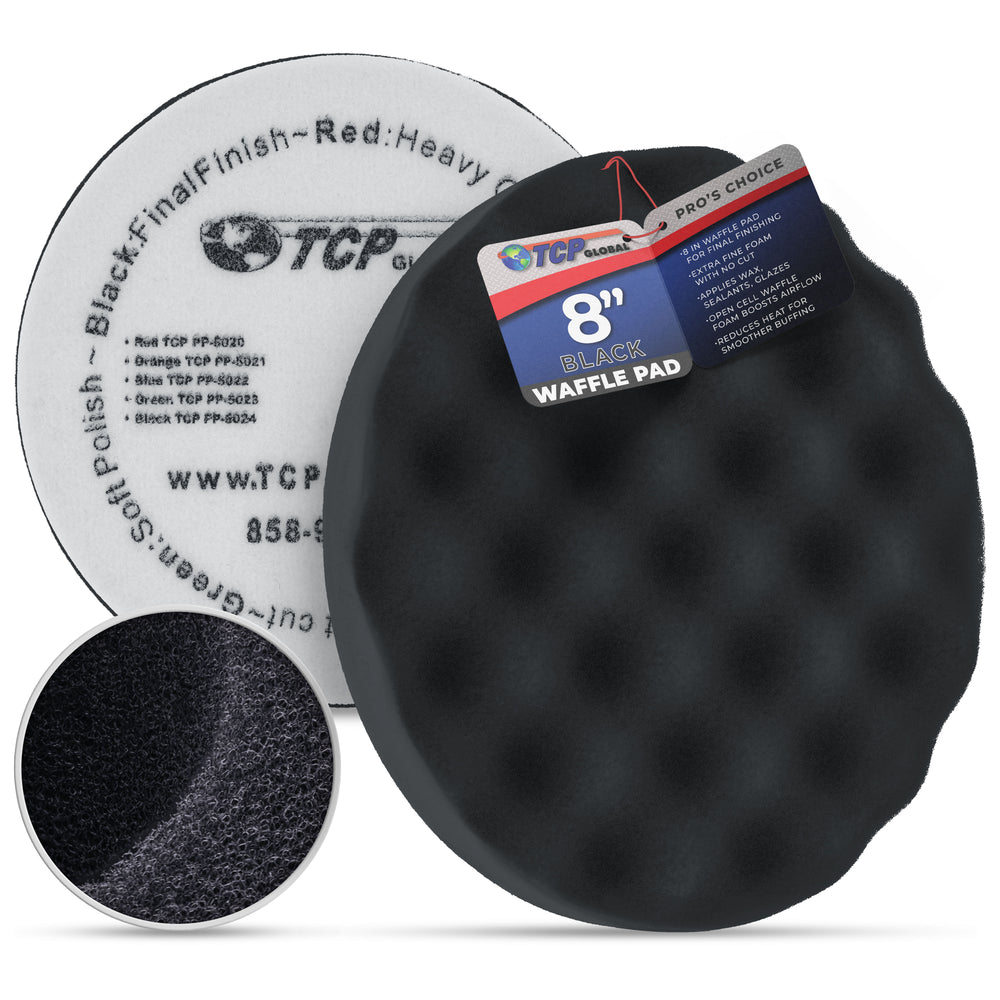 8" Black Waffle Foam Buffing Pad Hook and Loop Backing - Extra Fine Pad for Polishing, Automotive, Marine, Truck, RV & Compound Cutting, Car Polishing Pads