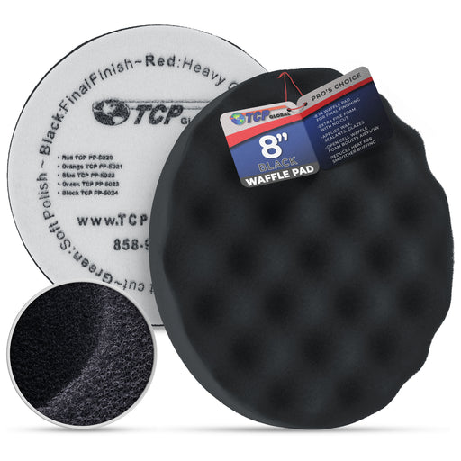 8" Black Waffle Foam Buffing Pad Hook and Loop Backing - Extra Fine Pad for Polishing, Automotive, Marine, Truck, RV & Compound Cutting, Car Polishing Pads