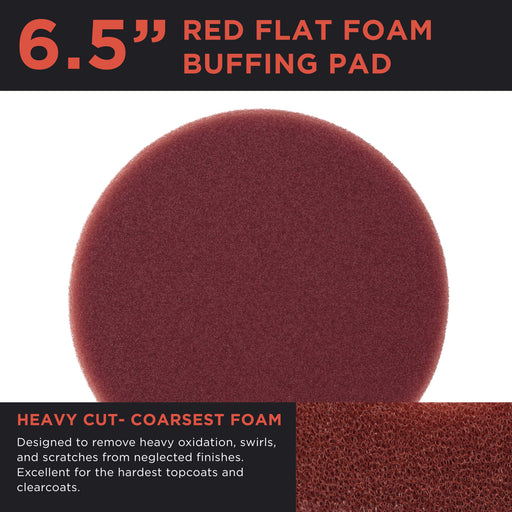 6.5" Red Flat Heavy Cut Grip Foam Polish Buff Pad - DA Hook & Loop