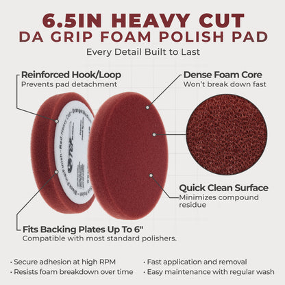 6.5" Red Flat Heavy Cut DA Grip Foam Polish Pad - Hook & Loop Buffer Pads - Car Buffing Pads for Paint Correction, Detailing