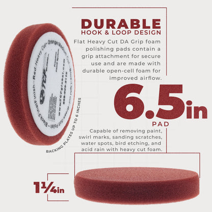 6.5" Red Flat Heavy Cut DA Grip Foam Polish Pad - Hook & Loop Buffer Pads - Car Buffing Pads for Paint Correction, Detailing