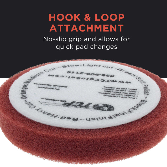 6.5" Red Flat Heavy Cut Grip Foam Polish Buff Pad - DA Hook & Loop