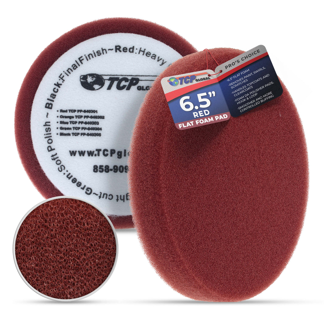 6.5" Red Flat Heavy Cut DA Grip Foam Polish Pad - Hook & Loop Buffer Pads - Car Buffing Pads for Paint Correction, Detailing