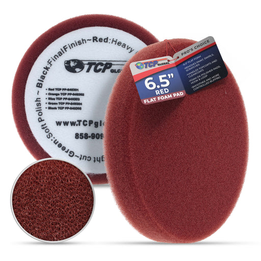 6.5" Red Flat Heavy Cut DA Grip Foam Polish Pad - Hook & Loop Buffer Pads - Car Buffing Pads for Paint Correction, Detailing