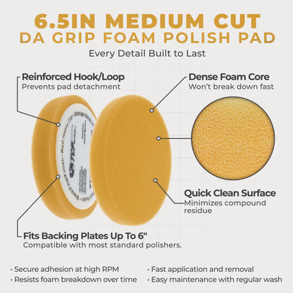 6.7" Orange Flat Medium Cut DA Grip Foam Polish Pad - Hook & Loop Buffer Pads - Car Buffing Pads for Paint Correction, Detailing