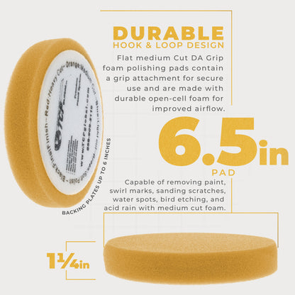 6.7" Orange Flat Medium Cut DA Grip Foam Polish Pad - Hook & Loop Buffer Pads - Car Buffing Pads for Paint Correction, Detailing
