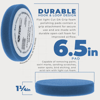6.5" Blue Flat Light Cut DA Grip Foam Polish Pad - Hook & Loop Buffer Pads - Car Buffing Pads for Paint Correction, Detailing