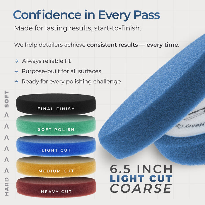 6.5" Blue Flat Light Cut DA Grip Foam Polish Pad - Hook & Loop Buffer Pads - Car Buffing Pads for Paint Correction, Detailing