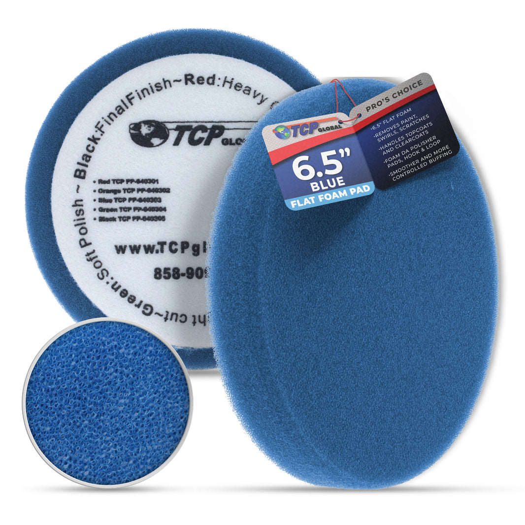 6.5" Blue Flat Light Cut DA Grip Foam Polish Pad - Hook & Loop Buffer Pads - Car Buffing Pads for Paint Correction, Detailing