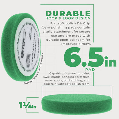 6.5" Green Flat Light Cut DA Grip Soft Foam Polish Pad - Hook & Loop Buffer Pads - Car Buffing Pads for Paint Correction, Detailing