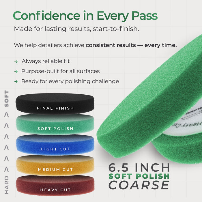 6.5" Green Flat Light Cut DA Grip Soft Foam Polish Pad - Hook & Loop Buffer Pads - Car Buffing Pads for Paint Correction, Detailing