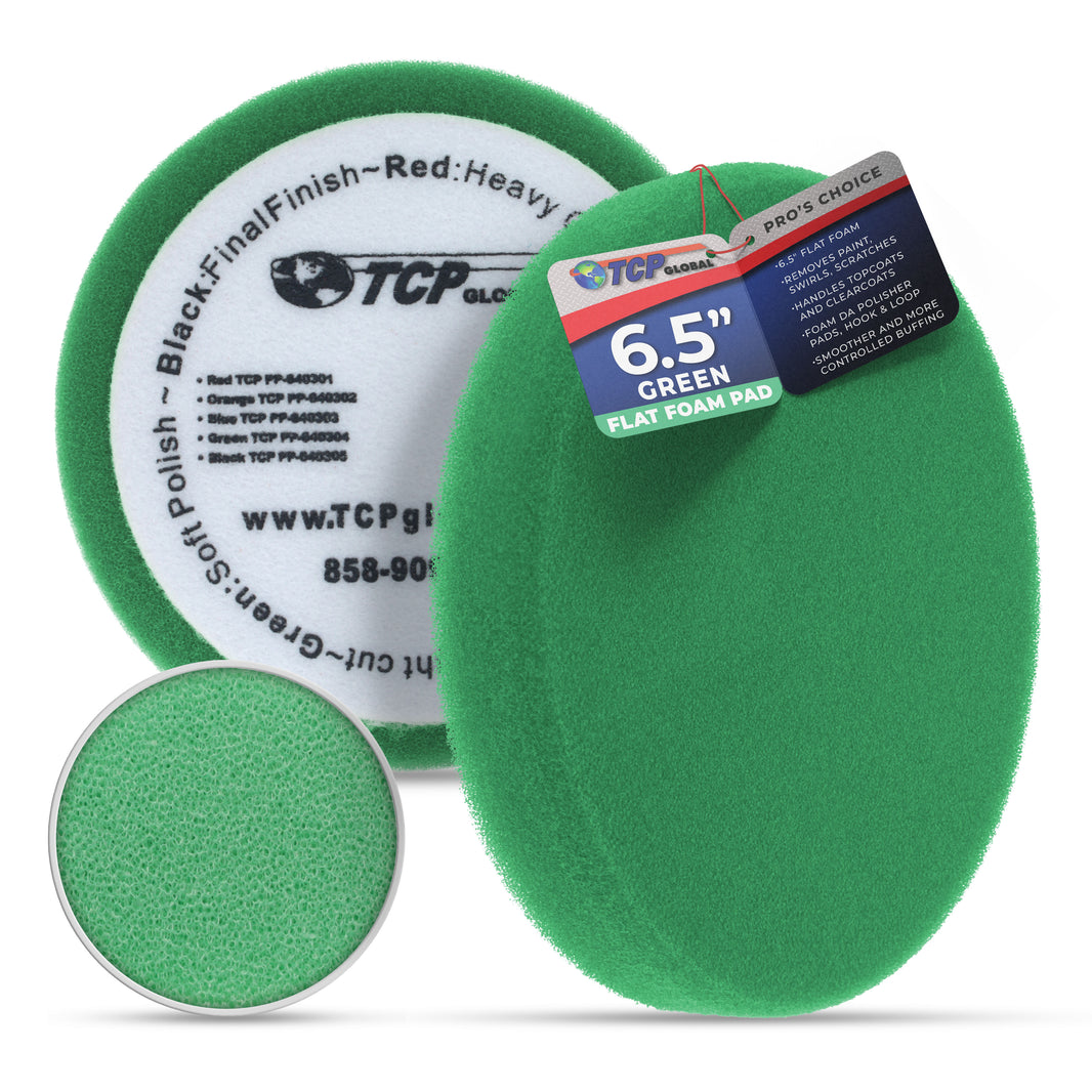 6.5" Green Flat Light Cut DA Grip Soft Foam Polish Pad - Hook & Loop Buffer Pads - Car Buffing Pads for Paint Correction, Detailing