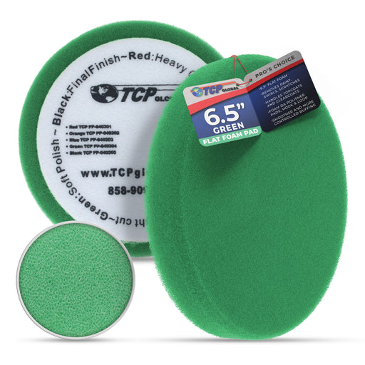 6.5" Green Flat Light Cut DA Grip Soft Foam Polish Pad - Hook & Loop Buffer Pads - Car Buffing Pads for Paint Correction, Detailing