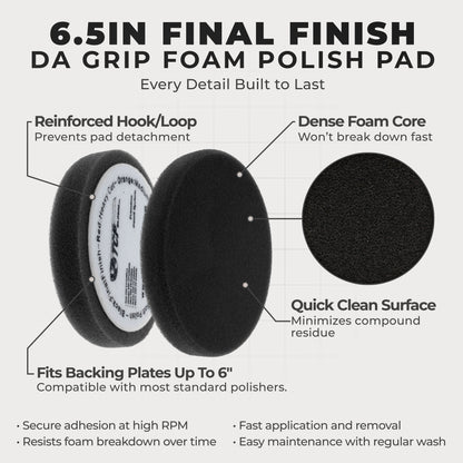 6.5" Black Final Finishing DA Grip Soft Foam Polish Pad - Hook & Loop Buffer Pads - Car Buffing Pads for Paint Correction, Detailing