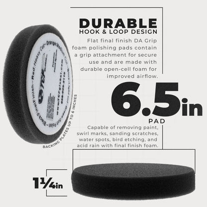 6.5" Black Final Finishing DA Grip Soft Foam Polish Pad - Hook & Loop Buffer Pads - Car Buffing Pads for Paint Correction, Detailing