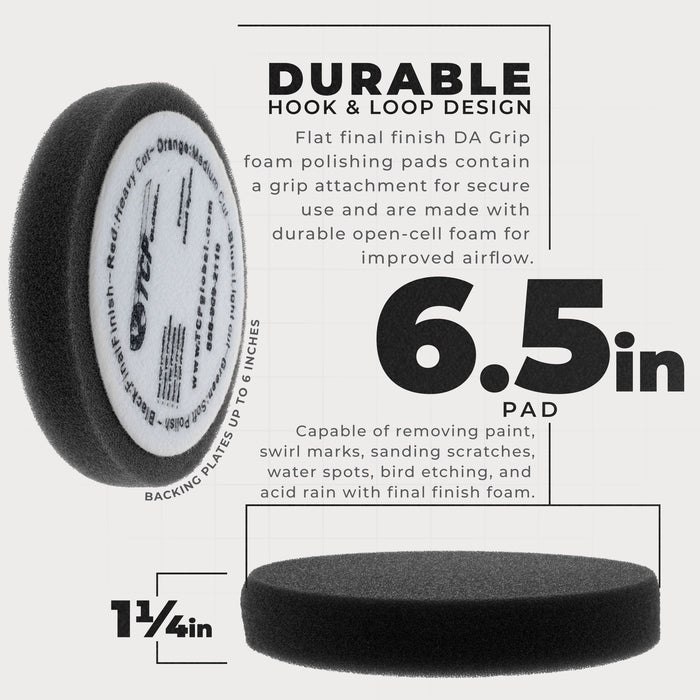 6.5" Black Final Finishing DA Grip Soft Foam Polish Pad - Hook & Loop Buffer Pads - Car Buffing Pads for Paint Correction, Detailing
