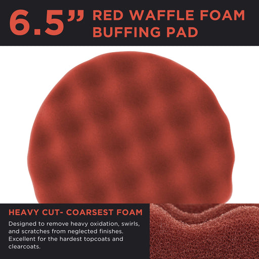 6.5" Red Waffle Heavy Cut Grip Foam Polish Buff Pad - DA Hook & Loop