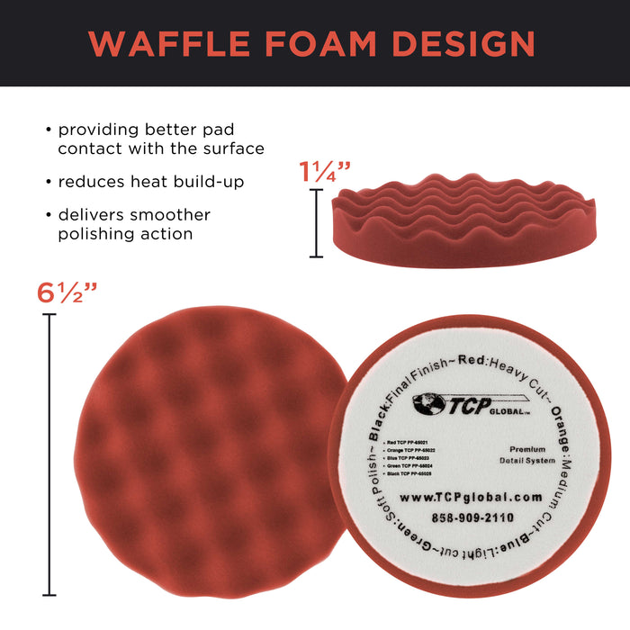 6.5" Red Waffle Heavy Cut Grip Foam Polish Buff Pad - DA Hook & Loop