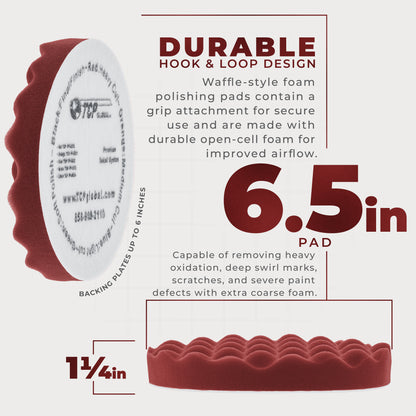 6.5" Red Waffle Foam Buffing Pad Hook and Loop Backing - Heavy Cut Pad for Polishing, Automotive, Marine, Truck, RV & Compound Cutting, Car Polishing