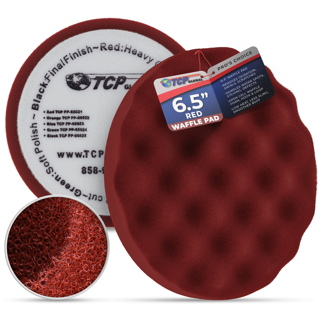 6.5" Red Waffle Foam Buffing Pad Hook and Loop Backing - Heavy Cut Pad for Polishing, Automotive, Marine, Truck, RV & Compound Cutting, Car Polishing