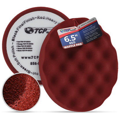 6.5" Red Waffle Foam Buffing Pad Hook and Loop Backing - Heavy Cut Pad for Polishing, Automotive, Marine, Truck, RV & Compound Cutting, Car Polishing