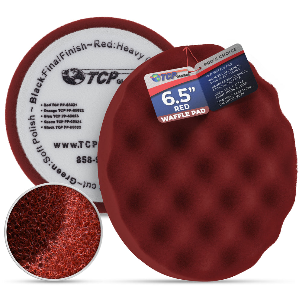 6.5" Red Waffle Foam Buffing Pad Hook and Loop Backing - Heavy Cut Pad for Polishing, Automotive, Marine, Truck, RV & Compound Cutting, Car Polishing Pads