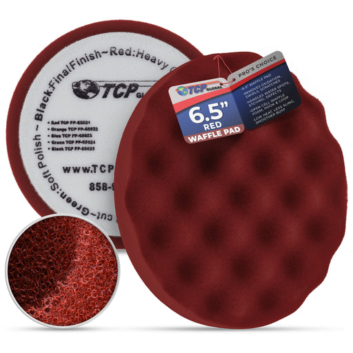 6.5" Red Waffle Foam Buffing Pad Hook and Loop Backing - Heavy Cut Pad for Polishing, Automotive, Marine, Truck, RV & Compound Cutting, Car Polishing Pads
