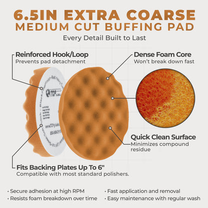 6.5" Orange Waffle Foam Buffing Pad Hook and Loop Backing - Medium Cut Pad for Polishing, Automotive, Marine, Truck, RV & Compound Cutting, Car
