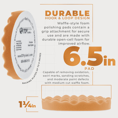 6.5" Orange Waffle Foam Buffing Pad Hook and Loop Backing - Medium Cut Pad for Polishing, Automotive, Marine, Truck, RV & Compound Cutting, Car