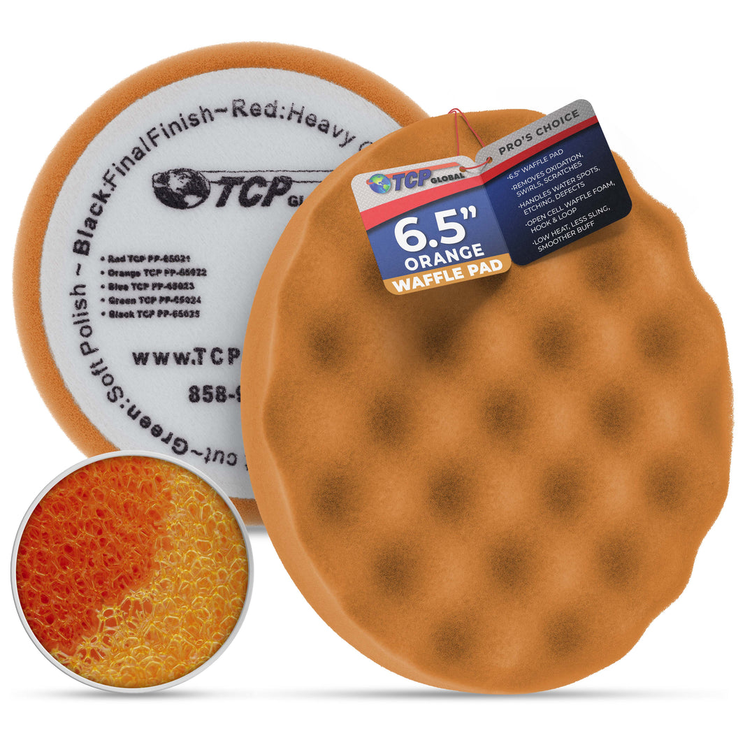 6.5" Orange Waffle Foam Buffing Pad Hook and Loop Backing - Medium Cut Pad for Polishing, Automotive, Marine, Truck, RV & Compound Cutting, Car
